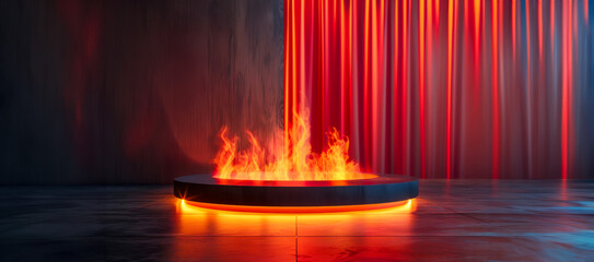 A red curtain is behind a fire pit