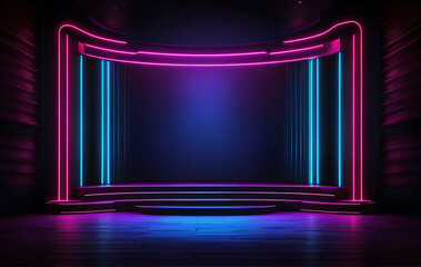 The dark stage features an empty background in shades of neon light