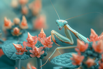 A close-up of a praying mantis camouflaged among the rare blooms of a tropical bush, waiting patient - obrazy, fototapety, plakaty