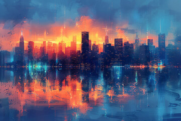 The city skyline at sunset, with skyscrapers mirrored on the water surface, exudes an atmosphere of prosperity and progress in urban development through its blue and orange tones.