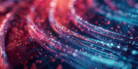A closeup of glowing data cables on an abstract background symbolizes the flow and connection between technology and information.