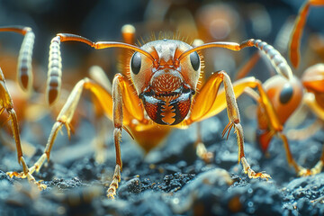 Fototapeta premium A close-up of a queen ant laying eggs, surrounded by worker ants in the nursery chamber, showing the