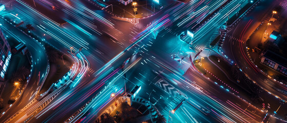 Aerial view of an intersection at night with blue and teal neon lights, long exposure photo capturing the motion blur from cars moving through the intersection