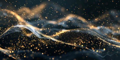 A long, flowing wave of golden particles against a dark background represents the flow and energy in business growth. - obrazy, fototapety, plakaty