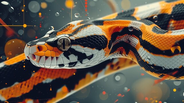 Detailed 3d render of a snake in abstract environment: Hyper-realistic cgi of an orange-black serpent with intricate details amidst a dynamic digital backdrop