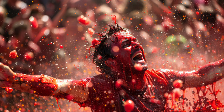 A man, covered in red paint, is pelted with tomatoes by people during the tomato fight festival.