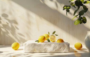 A podium with lemon fruits casts shadows on the wall, creating a fresh and vibrant atmosphere in...