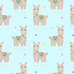Fototapeta premium Seamless pattern with cute cartoon hand draw lama, alpaca. Design for printing, textile, fabric.