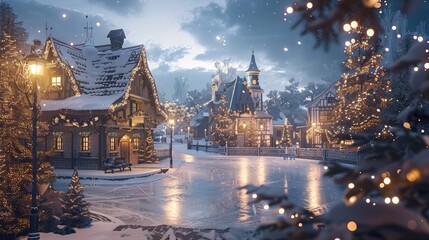 A quaint village square transformed into a winter wonderland, with an ice-skating rink surrounded...
