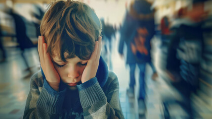 A young boy, feeling sad and worried, holds his head with his hands in the school hallway, depicting a sense of loneliness, with blurred people walking in the background. - obrazy, fototapety, plakaty