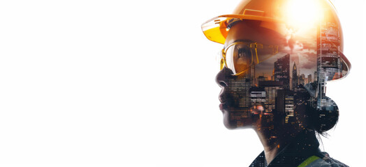 A double exposure design isolates a construction worker with a helmet and cityscape on a white backdrop, featuring a woman in yellow safety glasses.