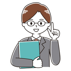 ファイルを持って指し示すスーツ姿の眼鏡の男性のイラスト