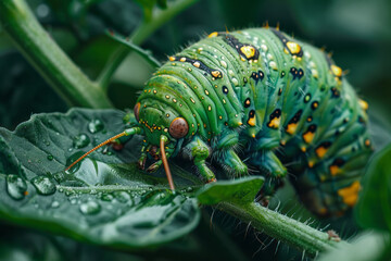 A macro view of a tomato hornworm on a tomato plant, its large, green body camouflaged among the lea - obrazy, fototapety, plakaty