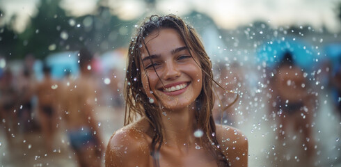 Obraz premium A woman is smiling and splashing water on herself in a crowded beach