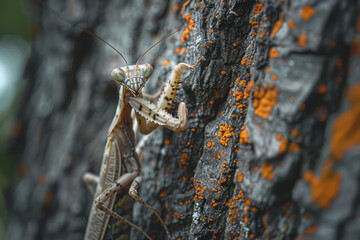 A photograph capturing a mantis on a tree bark, its body mimicking the rough texture and mottled pat