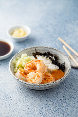 Homemade sushi bowl with shrimps