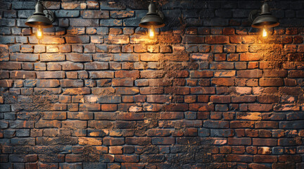 Brick wall with three lights shining on it