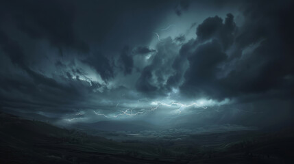 The dark sky, filled with lightning, casts an ominous atmosphere over the landscape below as a thunderstorm approaches, casting light and shadow on everything in its path. - obrazy, fototapety, plakaty