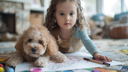 4-year-old girl draws with crayons, with a poodle puppy by her side