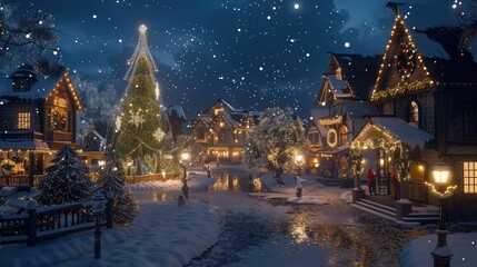 A quaint village square transformed into a holiday wonderland, with twinkling lights and a towering Christmas tree aglow with ornaments. 8k, realistic, full ultra HD, high resolution, and cinematic