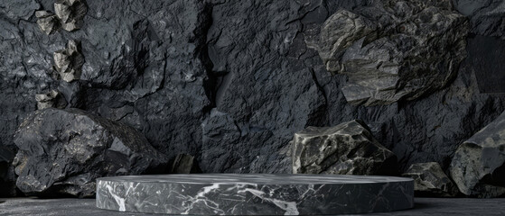 A stone podium stage background, with a black rock wall, serves as a product presentation mockup.