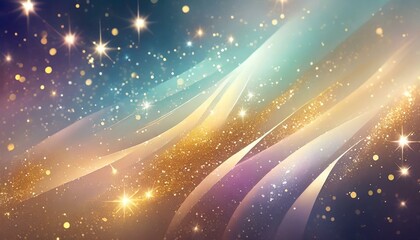 Fototapeta na wymiar Glittering gradient background with hologram effect and magic lights. Holographic abstract fantasy backdrop with fairy sparkles, gold stars and festive blurs.