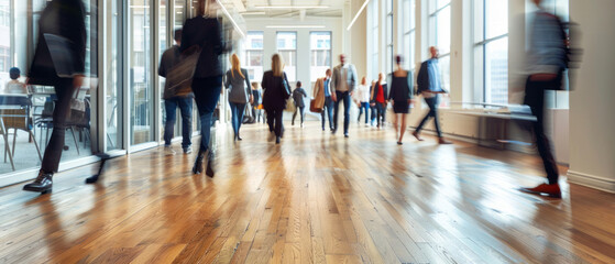 A group of people walk in an open office with a wooden floor, captured in a wide shot with natural light and blurred motion. - obrazy, fototapety, plakaty