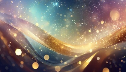 Glittering gradient background with hologram effect and magic lights. Holographic abstract fantasy backdrop with fairy sparkles, gold stars and festive blurs. - obrazy, fototapety, plakaty