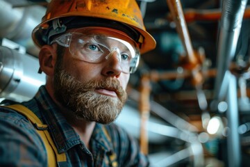 A man is pictured wearing safety glasses and a hard hat, ready for work in a hazardous environment. He is ensuring his safety with the proper protective gear