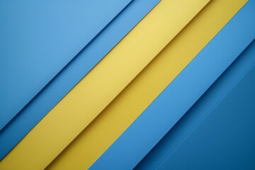 A backdrop with diagonal paper shapes in blue and yellow exhibits a simple, minimalistic style with soft shadows. - obrazy, fototapety, plakaty