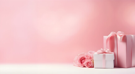 Pink rose flowers and present boxes on pink background with free copy space  
