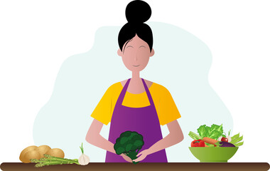 A woman is preparing a meal on a table with a sign that says Sustainable Gastronomy. A variety of food items, including a bowl of vegetables