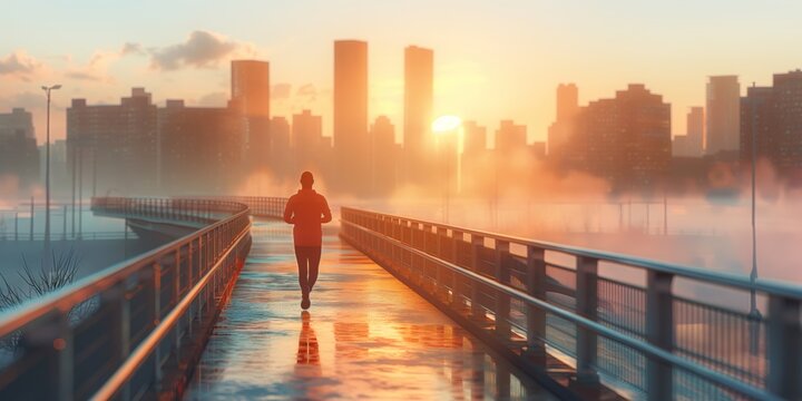 An inspiring image of a solitary figure running towards the rising sun amid a fog-covered cityscape