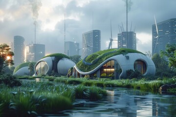 A modern building with a unique design featuring grass growing on its rooftop. The greenery provides environmental benefits and adds a futuristic touch to the architecture