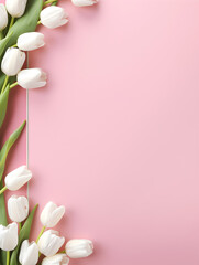 Abstract top view background with white tulip flowers on pink copy space  