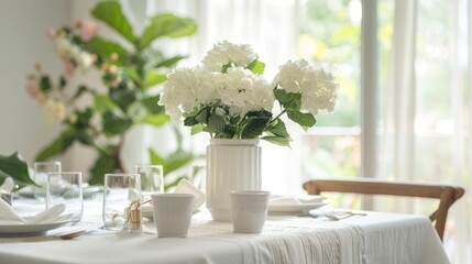 A white tablecloth covers a rectangular table complimented by a vase of flowers enhancing the home s interior design with a natural element