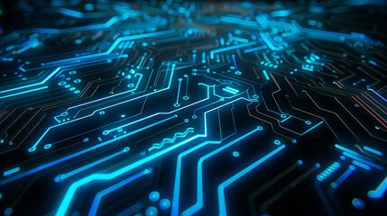 Electric blue circuitry on a glossy black base symbolizes cutting-edge tech progress.