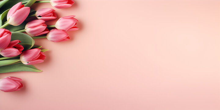 Abstract top view background with pink tulip flowers on pink copy space  