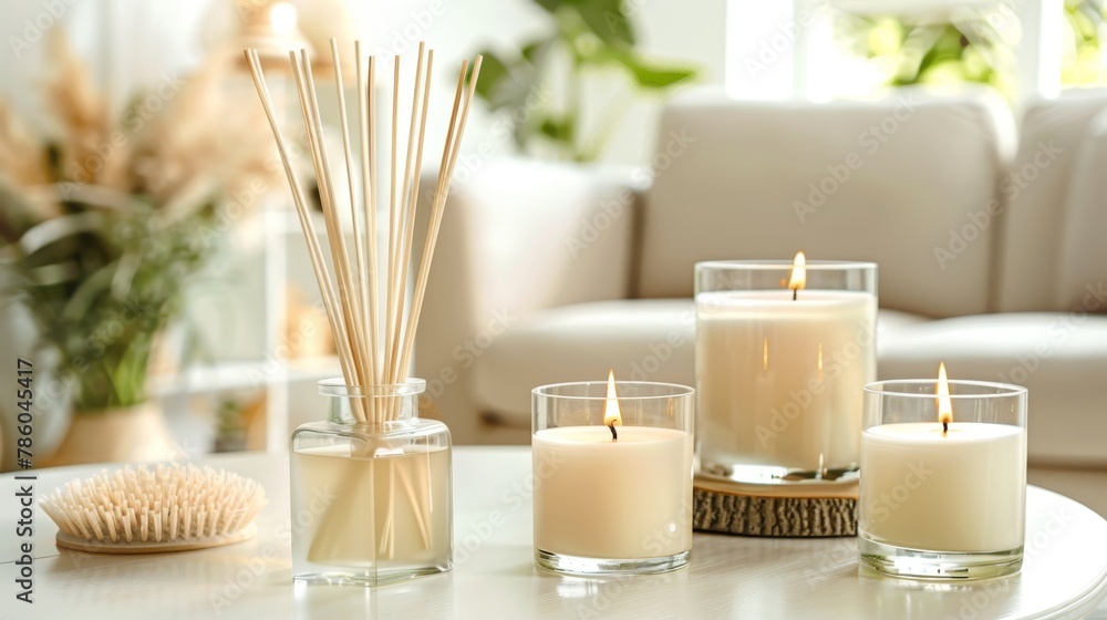 Poster serene spa scene with candles and reed diffuser on table, fostering a calming atmosphere