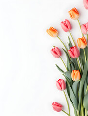 Obraz premium Abstract top view background with colorful tulip flowers on white copy space 