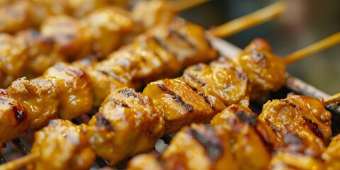 Close-up of skewers with marinated grilled chicken showing the grill marks and glaze