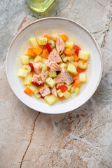Plate with salmon and vegetable soup on a pinkish granite background, vertical shot with copy space, above view