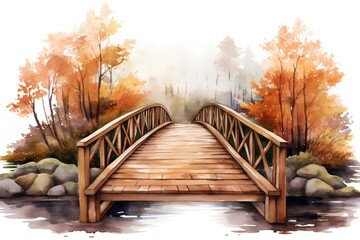 Wooden bridge in the autumn forest. Watercolor hand drawn illustration