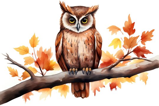 Beautiful vector image with nice watercolor owl on branch with autumn leaves
