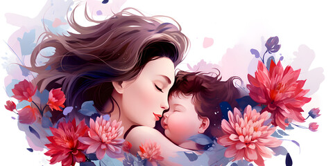 Illustration of a mother with a child, abstract happy mothers day theme background	