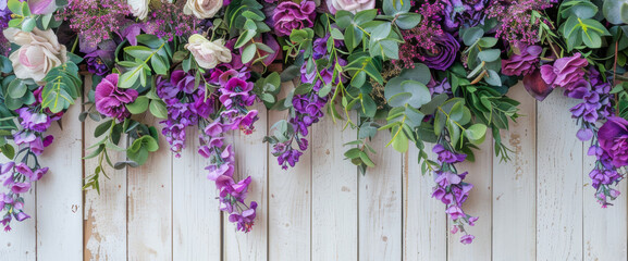 A white background with purple flowers and green leaves