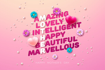 Happy Mother's Day Greeting Card Design with Hearts and Colorful Flowers on Pink Background. Vector Mothers Day Illustration for Banner, Postcard, Flyer, Invitation, Brochure, Poster.
