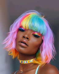 A black woman with pastel purple hair, colorful winged eyeliner and pink lipstick in the style of Barbiecore, holding her hand up to touch her face, beautiful eyes makeup