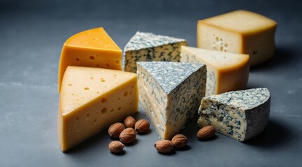 Cheese of different varieties on a gray-blue background.