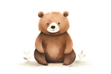 Watercolor illustration of a cute brown bear sitting on the sand.